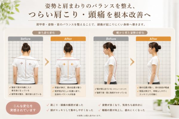 二子玉川の整体による肩こり・頭痛・猫背のビフォーアフター姿勢改善
